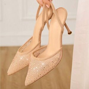 Sparkling Nude Pointed Toe Slingback Flats